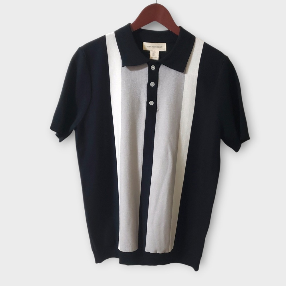 NWT Frederik Anderson Copenhagen Mens Knit Polo Shirt Black Gray Stripe Small